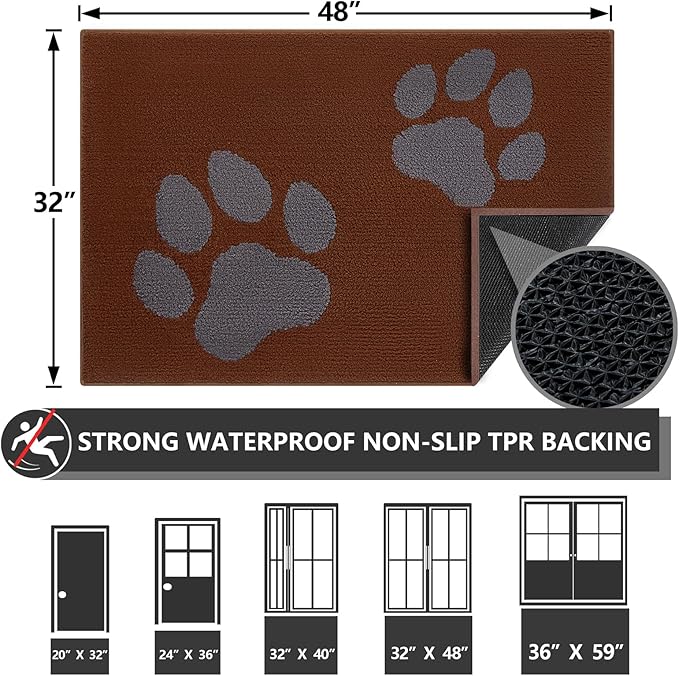 FONEYI Indoor Door Mat, 32"x48" Dog Mats for Muddy Paws, Rubber Backing Non Slip Super Absorbent Washable Entryway Rug, Low-Profile Front Back Door Mats, Inside Floor Doormats for Entryway, Brown