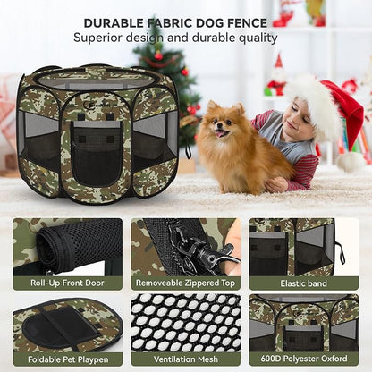 Siedihit Dog Cat Playpen, Medium Puppy Pet Playpen, Dog Crate Tent Cage | Indoor/Outdoor, Portable Pop Up Dogs Kennel Playpen with Carrying Case for Dogs/Cats/Rabbits(Green Camo, Medium)