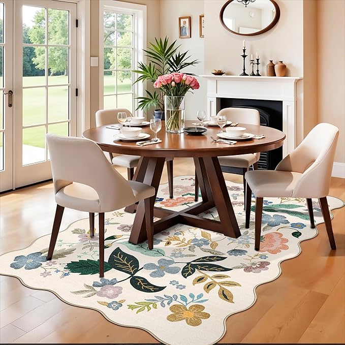 5x7 Living Room Area Rugs: Washable Floral Non-Slip Rug for Bedroom Dining Room Ultra Soft Carpet for Nursery Kitchen Home Office Farmhouse Thin Floor Mat for Teen Girls and Boys Dorms(5x7,Cream)