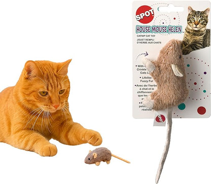 SPOT House Mouse Helen Cat Toy with Catnip – Lifelike Plush Mouse, Crinkle Sound, 4in Small Size for Kittens and Cats, Batting, Chasing, Playing – Assorted Colors