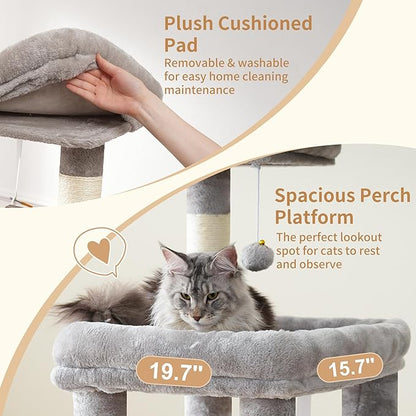 Heybly Cat Tree, 71-Inch Tall Cat Tower for Large Maine Coon Cats with Extra-Large Baseboard, Cat Condo Furniture with Multi-Level Platforms, 2 Hammocks and 12 Scratching Posts, Light Gray HCT037W