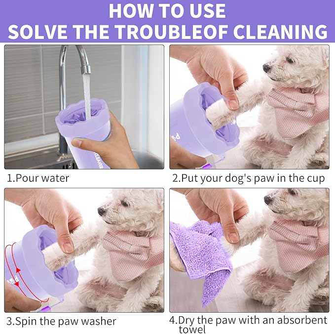 Professional 7 in 1 Dog Paw Cleaner for Dogs & Cats - Includes 1 Portable Paw Washer, 1 Bath Brush, 2 Dog Toothbrushes and 3 Absorbent Towels Note: Fits Paws up to 2 Inches Wide (Small, Purple)