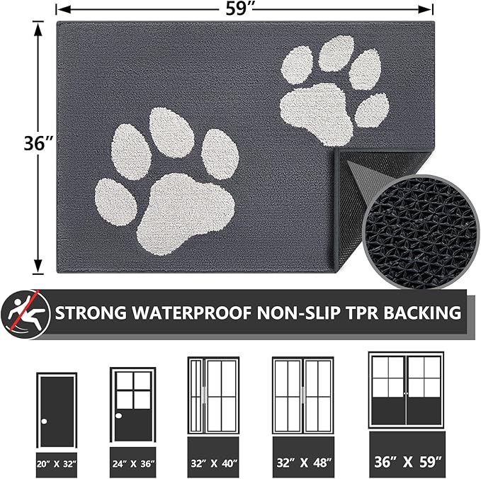 FONEYI Indoor Door Mat, 36"x59" Dog Mats for Muddy Paws, Rubber Backing Non Slip Super Absorbent Washable Entryway Rug, Low-Profile Front Back Door Mats, Inside Floor Doormats for Entryway, Dark Grey
