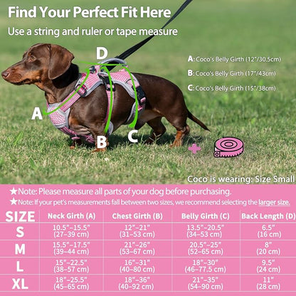 Escape Proof Dog Harness, Dachshund Harness, Reflective Dog Harness with Handle, Durable,Adjustable Vest for Small Medium Large Dogs Walking, Training, and Running Gear (Pink,M)