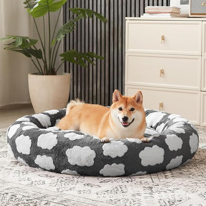 JOEJOY Jacquard Donut Round Small Dog Beds,Grey 23x23x8in, Removable Washable Cover, Cute Pattern, Ultra Soft Fluffy Calming Pet Bed with Thick Supportive Bolster