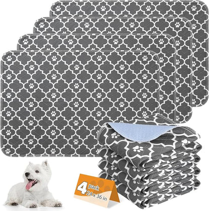 KOOLTAIL Washable Pee Pads for Dogs, 4 Packs Super Absorbent Leakproof & Non-Slip Dog Pee Pad Large, Reusable Puppy Training Pads Waterproof, Pet Mat Rug for Whelping,Floor,Crate, Car, Cats, 24"x36"