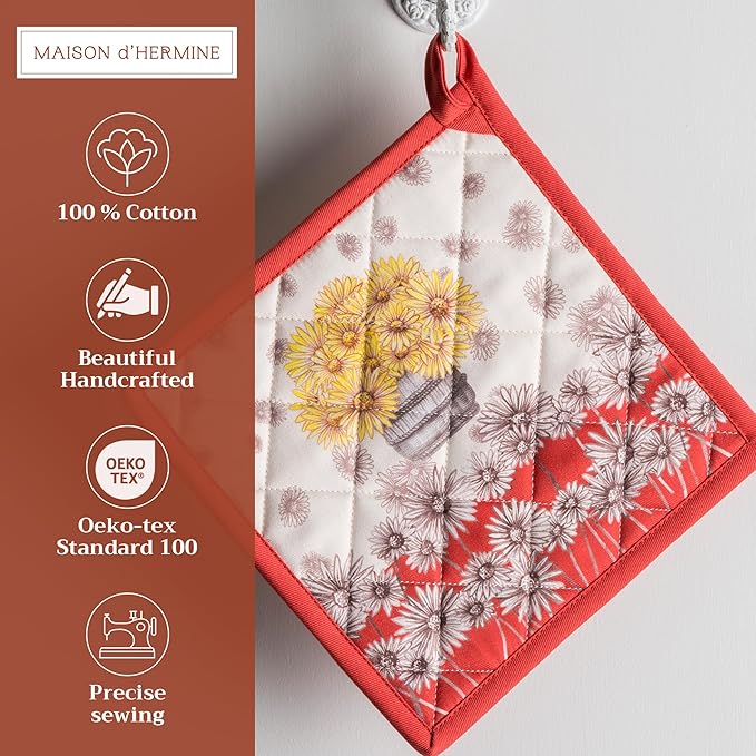 Maison d' Hermine Pot Holders 100% Cotton Heat Resistant Potholders 8" x 8" Hot Pads with Loop for Thanksgiving Christmas Decorations BBQ Cooking Baking Handling Hot Pans (Pack of 1, Bagatelle)