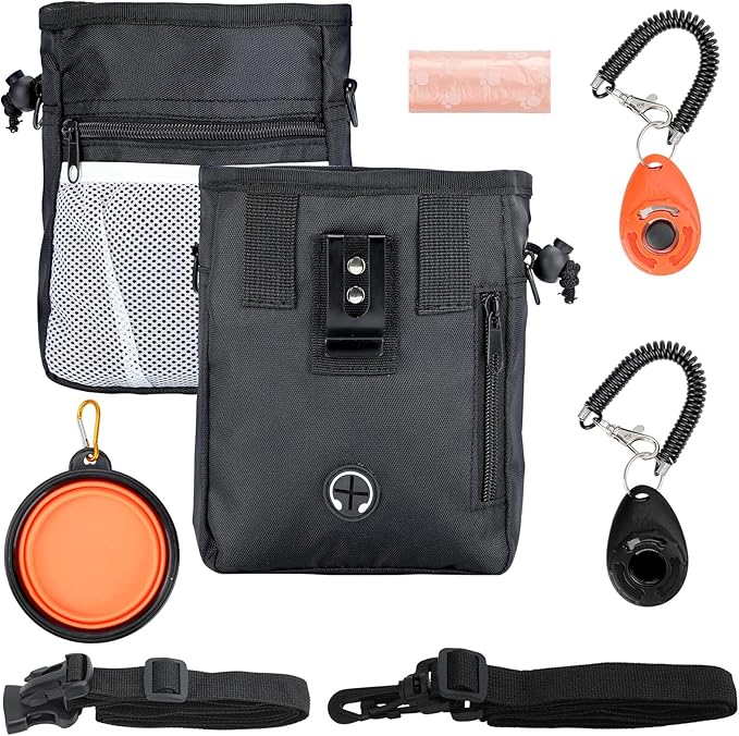 Dog Treat Pouch, 3 Ways to Wear Treat Pouches for Pet Training, Dog Training Treat Pouch with Waist Belt Shoulder Strap, Poop Bag, Collapsible Bowl, Dog Training Clicker