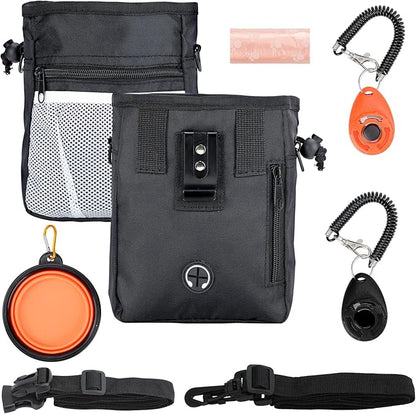 Dog Treat Pouch, 3 Ways to Wear Treat Pouches for Pet Training, Dog Training Treat Pouch with Waist Belt Shoulder Strap, Poop Bag, Collapsible Bowl, Dog Training Clicker