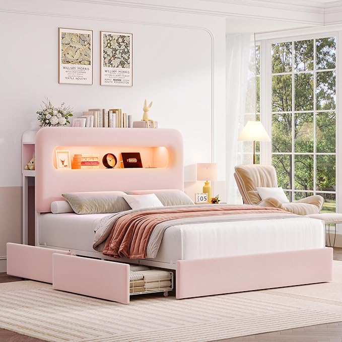 HOSTACK Queen LED Bed Frame with Storage Headboard and Charging Station, Girls Bed Frame with 4 Drawers and USB Ports, Velvet Upholstered Platform Bed Frame with Bookcase, No Box Spring Needed, Pink