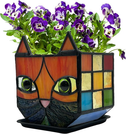 Stained Glass Cat Planter,Indoor Plant Pots with 6mm Drainage Hole, Cute Flower Pots for Plants, Orange Cat Gifts for Women,Small Decorative Planters for Indoor Plants
