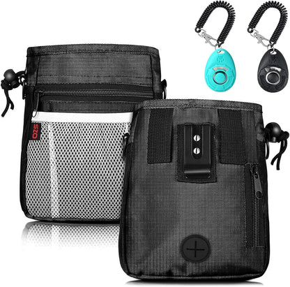 Dog Treat Pouch - 3 Ways to Wear Treat Pouches for Pet Training and 2 Pieces Clicker Taining for Dogs, Dog Training Treat Pouch Bag and Dog Clicker for Training with Waist Belt Shoulder Strap - Black