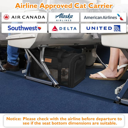 PETUX TSA Approved Pet Carrier in Cabin, 17"x11"x9.5" Soft Cat Carriers for Small Cat up to 12 lb and Puppy up to 10 lb, Top Open Portable Pet Carrier Airline Approved for Travel and Vet Visit (Black)