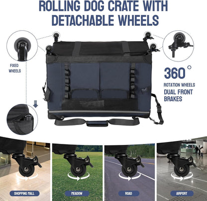 30IN Soft Collapsible Dog Crate w Detachable Wheels, Rolling Travel Dog Crate for Medium Breed Dogs, Portable Dog Kennel with Mesh Windows, Indoor & Outdoor Uses