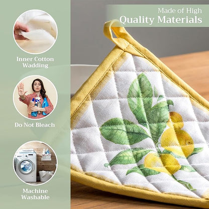 Maison d' Hermine Pot Holders Set 100% Cotton Heat Resistant Potholders 8" x 8" Hot Pads with Loop BBQ, Cooking, Baking, Grilling, Kitchen, Handling Hot Pans Spring/Summer (Pack of 2, Limoncello)