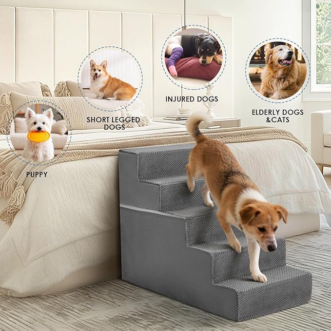 DUMOS Dog Stairs for Medium Dogs, 5-Steps Non-Slip Balanced Extra Wide Indoor Foldable Dog Steps with Density Foam & Washable Cover, Cat Puppy Old Pet Stairs for High Bed, Couch, Sofa - Grey, 27" H