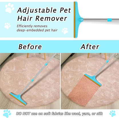 Carpet Rake for Pet Hair Removal - Reusable Pet Hair Remover, 60” Adjustable Long Handle Cat Dog Carpet Rake Scraper with Patented Design, Dog Hair Rake Brush for Rugs, Mats