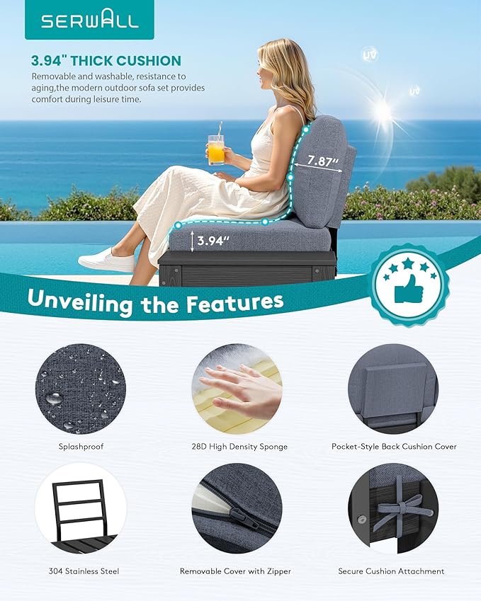 SERWALL HDPE Patio Furniture Set, All-Weather Modular Outdoor Conversation Furniture, Seats 8, Outdoor Sofa Set for Garden, Deck or Poolside, Black Frame with Grey Cushion