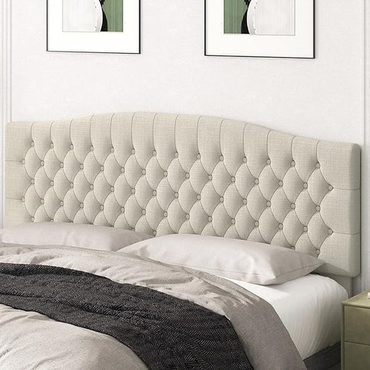 King Headboard Only, Upholstered Headboard King Size for Adjustable Bed Linen Tufted Wall Mounted Head Board with Solid Wood Legs, Ivory