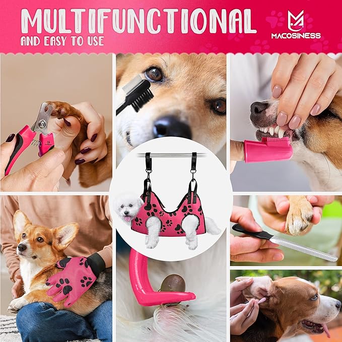 Pet Grooming Hammock for Nail Trimming - Complete Groomers Helper Set for Pet - Dog Grooming Hammock with Hook - Cat Nail Clipper - Dog Hammock for Nail Clipping (S, Pink with Black Paws)
