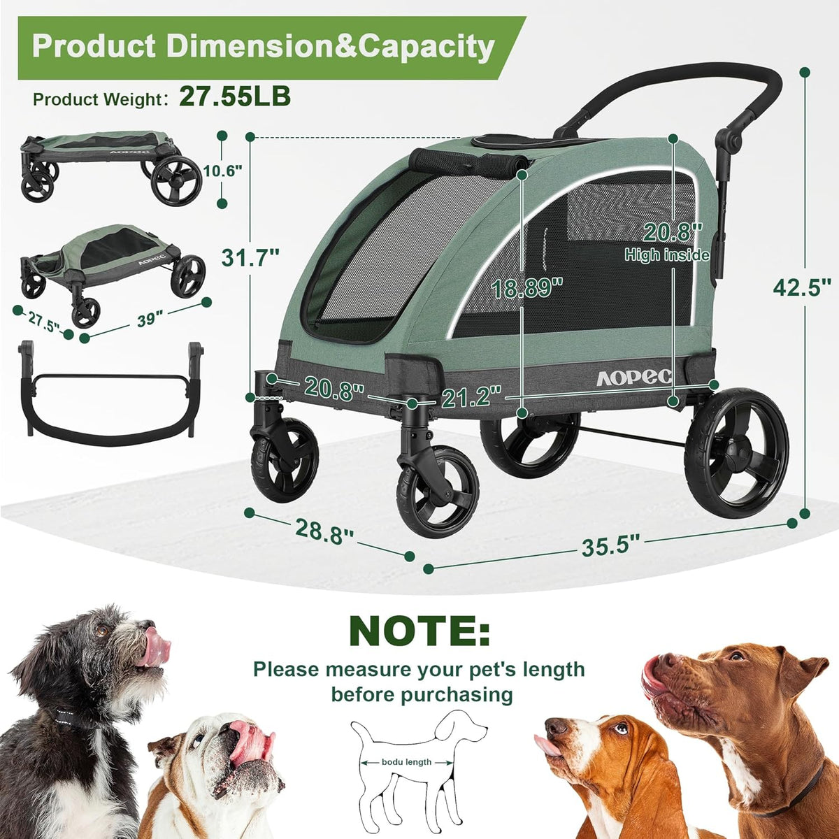 Large Dog Stroller - Dual Entry Safety Folding Pet Stroller with Adjustable Handle, All-Terrain 4-Wheel, 160 lbs Weight Capacity for Travel & Outdoor Adventures - Green