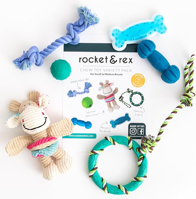 rocket & rex Dog Chew Toy Set for Small to Medium Breeds, Includes All Natural Rubber, Cotton, Ball & Rope Toys, Ideal Puppy Chew Toys for Teething, Reduces Destructive Chewing & Anxiety (Pack of 6)