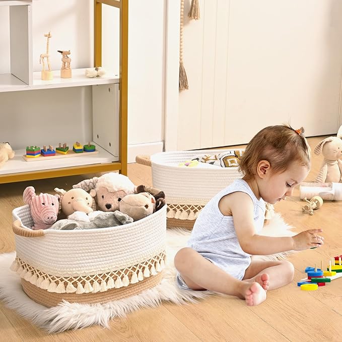 6 Pack Storage Basket for Shelves, Boho Cotton Rope Storage Bins with Heavy Tassel, Shelf Baskets Large Woven Baskets for Organizing, Cube Organizer Bins, Baby Laundry Basket for Clothes, Toys, Pets