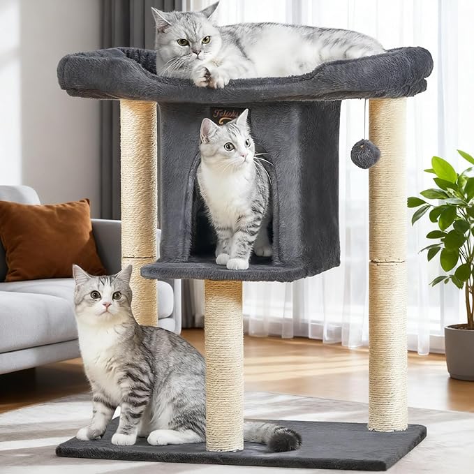 Cat Tree Tower Scratching Post for Indoor Large Cats, Small Cat Tree with Big Perch Bed, 28in Tall Trees House with Condo Cave, Toy Balls, Modern Climbing Furniture Platform for Kitten (Dark Gray)