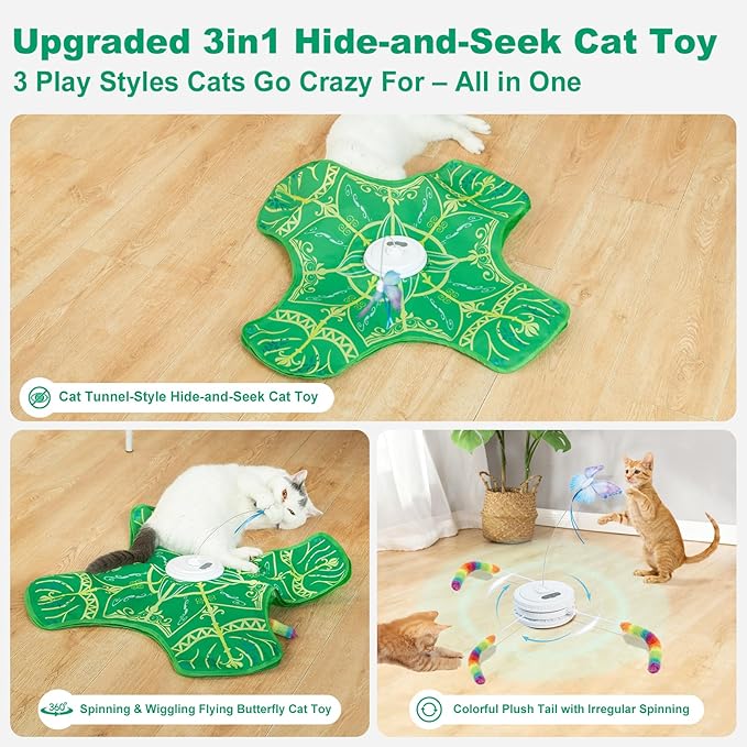 Interactive Cat Toys for Indoor Cats,[Newly Upgraded] Rechargeable Touch Activated Hide and Seek Kitten Toys for Bored Indoor Adult Cats with Fluttering (Green)
