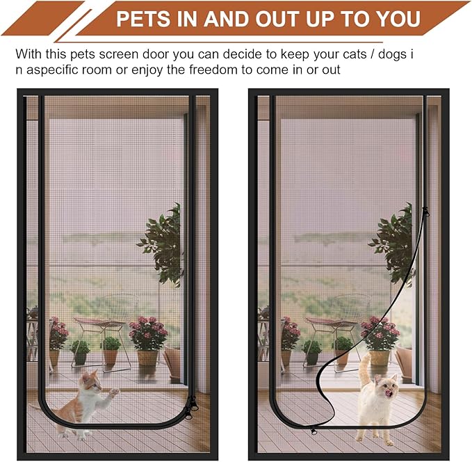 Dixutzi Reinforced Cat Screen Door Fits Door Size 34''x 82'', Heavy Duty Pets Proof Screen Door with Zipper, Prevent Dogs Cats Running Out from Home (Black)