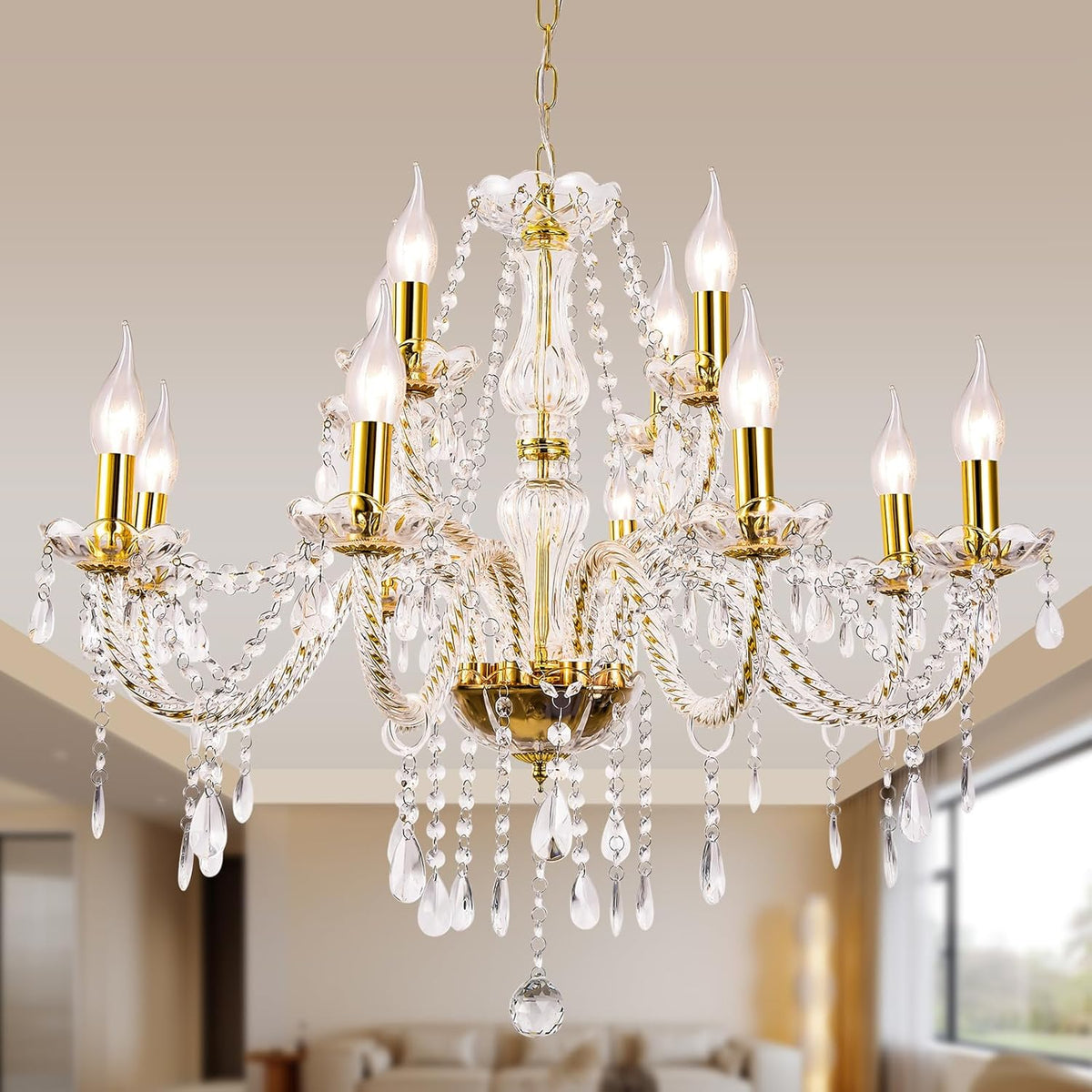 Modern Elegant 12 Lights K9 Crystal Glass Chandelier Golden Pendant Ceiling Lighting European Style for Dining Living Room Bedroom Transparent,12 E12 Bulbs Required