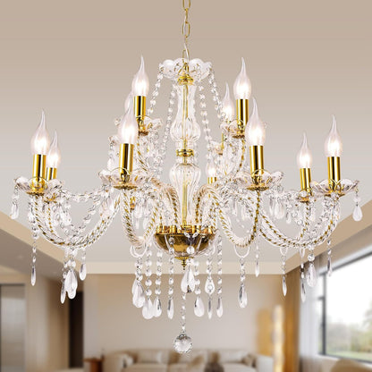Modern Elegant 12 Lights K9 Crystal Glass Chandelier Golden Pendant Ceiling Lighting European Style for Dining Living Room Bedroom Transparent,12 E12 Bulbs Required