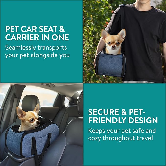 Navaris Dog Car Seat - Secure and Comfortable Pet Carriers for Small Dogs - Centre Console Car Seats - Booster and Bed with Zipper, Leash, and Cushion - Cat, Dog & Puppy Travel Bag
