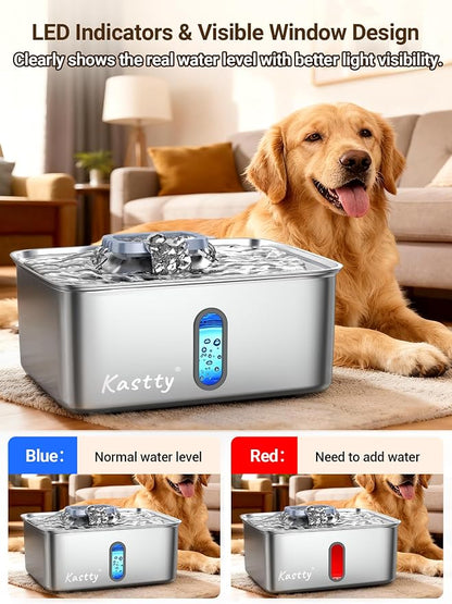 Kastty 3.96 Gal Dog Water Fountain for Large Dogs,15L Stainless Steel Large Pet Water Fountain, Ultra Quiet Automatic Dog Water Bowl Dispenser with Water Level Window and LED Light(FS78,Grey | Large Ultra Quiet Pet Water Fountain, Automatic Dog Water B...