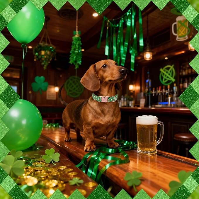 St. Patrick's Day Dog Collar, Beer & Clover Green Dog Collars, Adjustable Heavy Duty Irish Shamrock Pet Collar for Small Medium Large Dogs with Metal Buckle XS