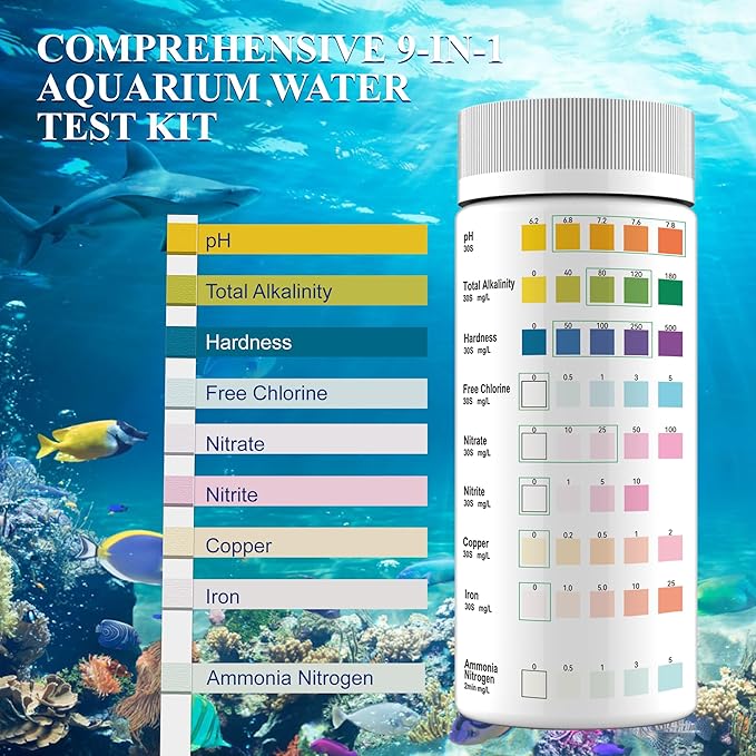 Aquarium Water Test Kit 9-in-1, Aquarium Ammonia Test Strips for Fish Tanks and Ponds, 150 Strips Testing pH Total Alkalinity Hardness Chlorine Nitrite Sulfate Copper Iron for Fresh and Salt Water
