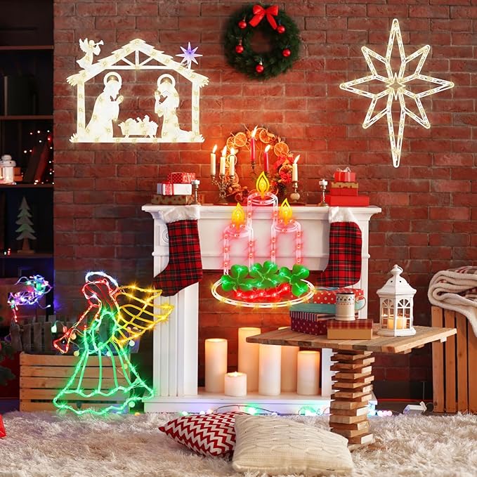 Christmas Decorations - 16" Christmas Window Silhouette Lights - 4 Pack Colour Lighted Nativity & Angel & Bethlehem Star & Candle for Holiday Indoor and Outdoor Wall Door Window Decorate