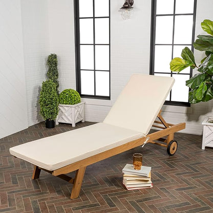 JONATHAN Y LNG1000A Mallorca 77.56"x23.62" Modern Classic Adjustable Acacia Wood Chaise Outdoor Lounge Chair with Cushion & Wheels Coastal, Bohemian, Minimalist, Traditional, White/Natural