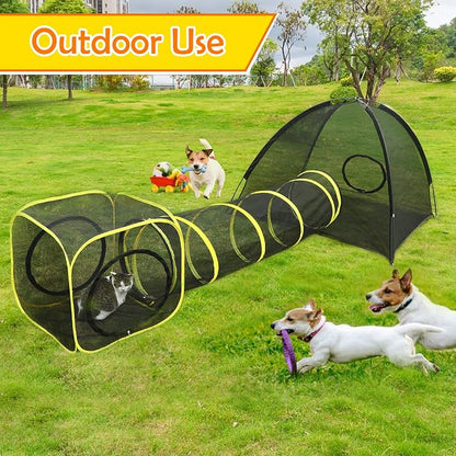 Outdoor Cat Enclosures for Indoor, Portable Mesh Tent, Outdoor pet Tunnel, Cat Playhouse with Adjustable Cat Harness and Leash for Walking, Colorful Tease Ball for Small Animals