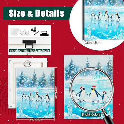 Christmas Penguin Canvas Wall Art - Playful Penguins in Snowy Forest Scene Framed Print for Living Room & Bedroom, Cozy Christmas Wall Decor, Charming Christmas Gifts & Festive Decorations