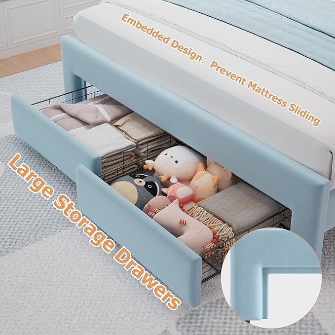 Full Upholstered LED Bed Frame with 2 Storage Drawers and Adjustable Chic Double Wavy Headboard, Velvet Princess Platform Bed with Charing Station, Solid Wood Slats Support,No Box Spring Needed,Blue