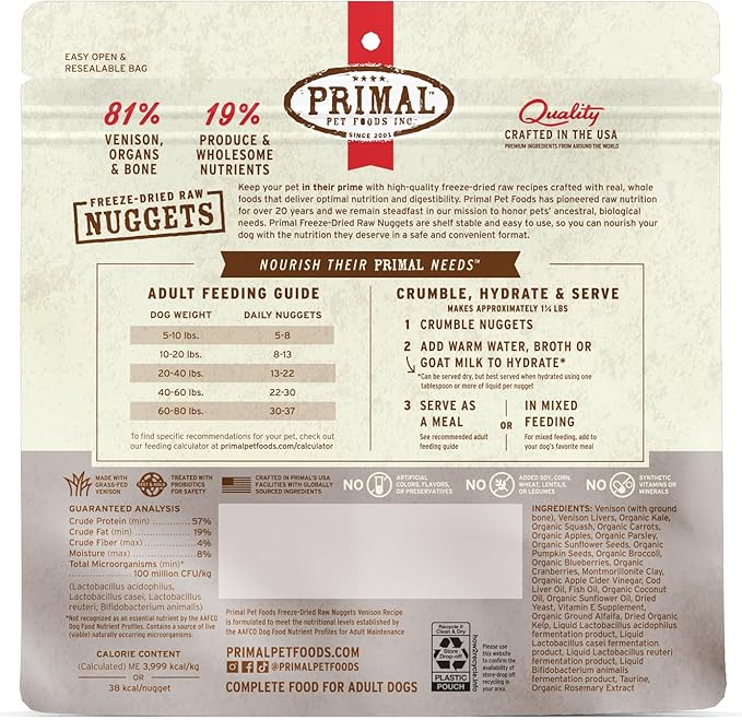 Primal Freeze Dried Raw Dog Food Nuggets, Venison, Complete & Balanced Meal, Also Use as Topper or Treat, Premium, Healthy, Grain Free, High Protein Raw Dog Food, 5.5 oz