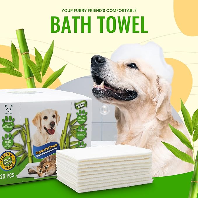 Bamboo Pet Towel 25 PCS - Reusable Bamboo Paper Towels for Dogs, Cats and Other Pets are Machine Washable Up to 5 Times | Disposable Pet Wipes for Drying and Cleaning Dirty Pets