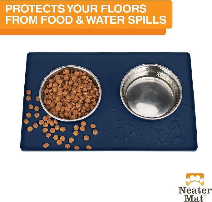 Neater Pet Brands Neater Mat Pet Mats for Food and Water, Cat & Dog Bowl Mat Waterproof Silicone, Feeding Tray, Dog Food Mats for Floors, Placemat w/Raised Edge for Under Bowls, 19” x 12”, Dark Blue