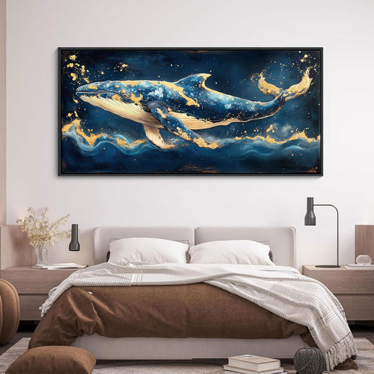 JEAWA Large Framed Canvas Painting - Marine Animal Wall Art Decor, Blue White Gold Whale Picture, Modern Art Prints for Living Room Bedroom Bathroom Home Decoration, 29x58 IN