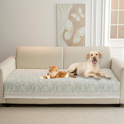 HANDONTIME Elegant Floral Pet Couch Cover, Jacquard Chenille Dog Bed Cover with Plush Fringe, Non-Slip Washable Sofa Protector for Dogs & Cats, Fits Sectionals 3 Cushion Couches (Green,35.4" x 70.9")