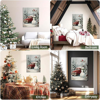 Christmas Snowman & Red Truck Canvas Wall Art - Rustic Winter Scene Framed Picture for Modern Farmhouse Home, Festive Christmas Wall Decor, Perfect Christmas Gifts & Holiday Decorations