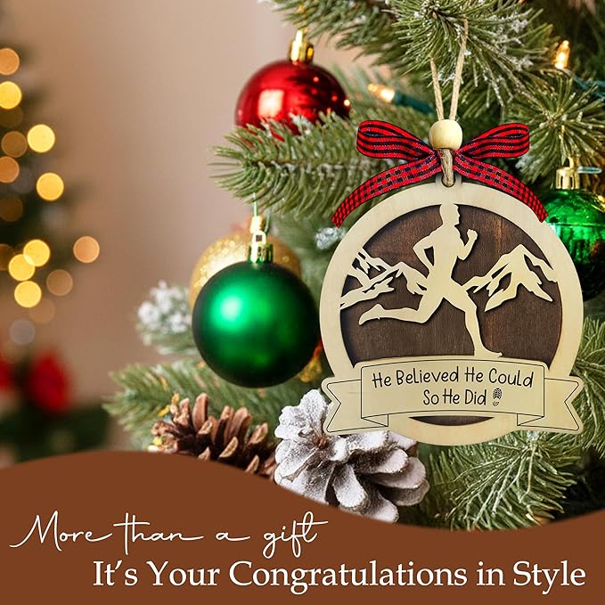 Running Christmas Ornament 2025-2 Layer Wooden Running Ornaments for Christmas Tree - Marathon Runners Wooden Xmas Tree Hanging Decor - Runner Ornament 2025 - Gifts for Runners, Cross Country Athlete