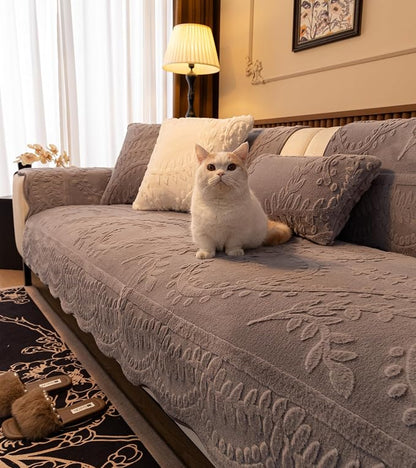 Grey Fuzzy Rabbit Plush Sofa Cover Cozy Warm Sofa Couch Covers with 3D Jacquard Leaf Pattern Non-Slip Easy-to-Install Shaggy Sofa Slipcover Prefect for Kids Dogs Cats Cats(Grey,36"x36")