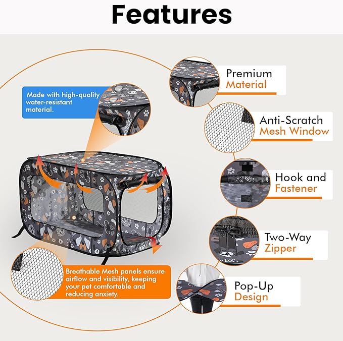 Beatrice Home Fashions Portable, Collapsible, Pop Up Kennel Travel Cat and Dog Crate, 24" L x 16.6" W x 16" H, Face of Love